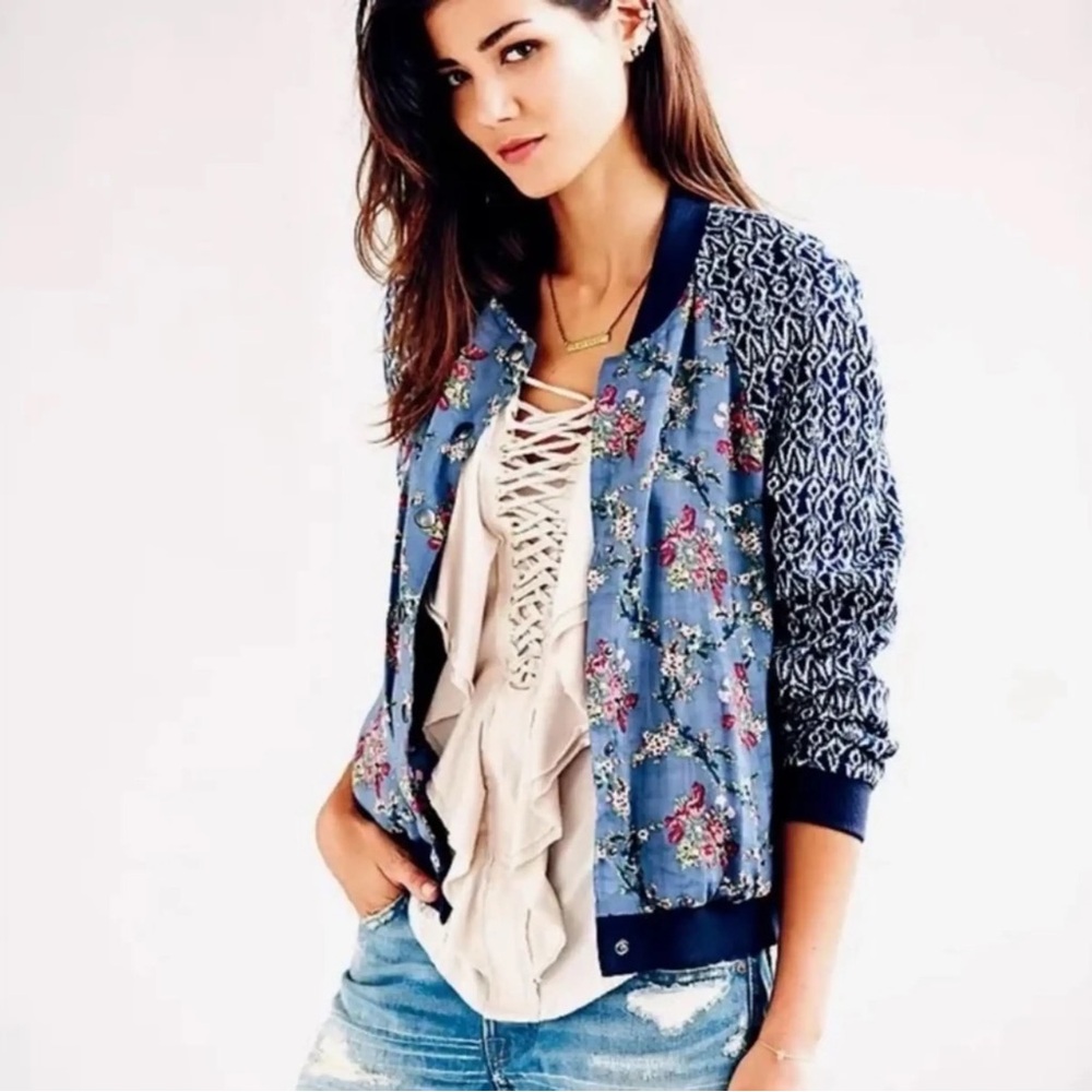 FREE PEOPLE XS Baseball Bomber Jacket in Indigo Combo Floral & Ikat Print